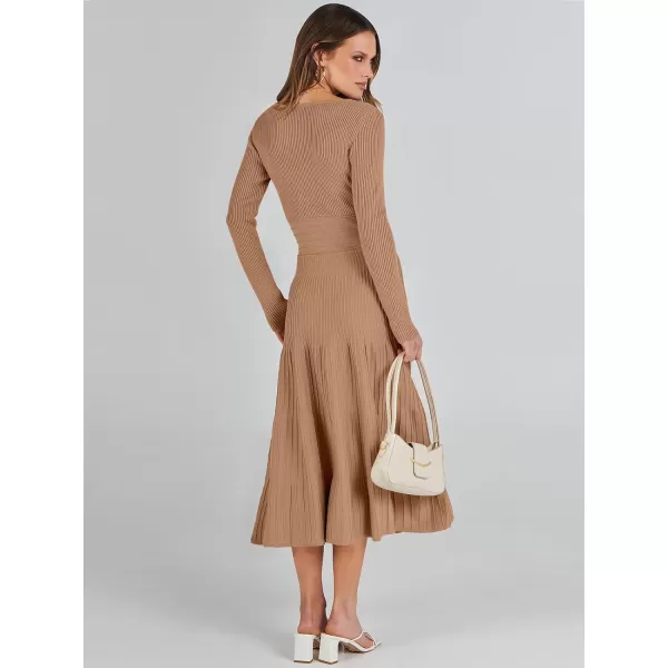 imageANRABESS Womens Wrap Midi Sweater Dresses Long Sleeve V Neck High Waist Ribbed Knit Pleated ALine DressLight Camel