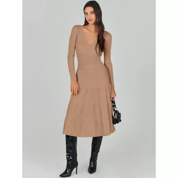 imageANRABESS Womens Wrap Midi Sweater Dresses Long Sleeve V Neck High Waist Ribbed Knit Pleated ALine DressLight Camel
