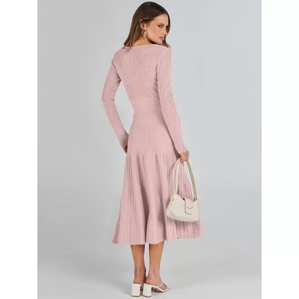 imageANRABESS Womens Wrap Midi Sweater Dresses Long Sleeve V Neck High Waist Ribbed Knit Pleated ALine DressLight Pink