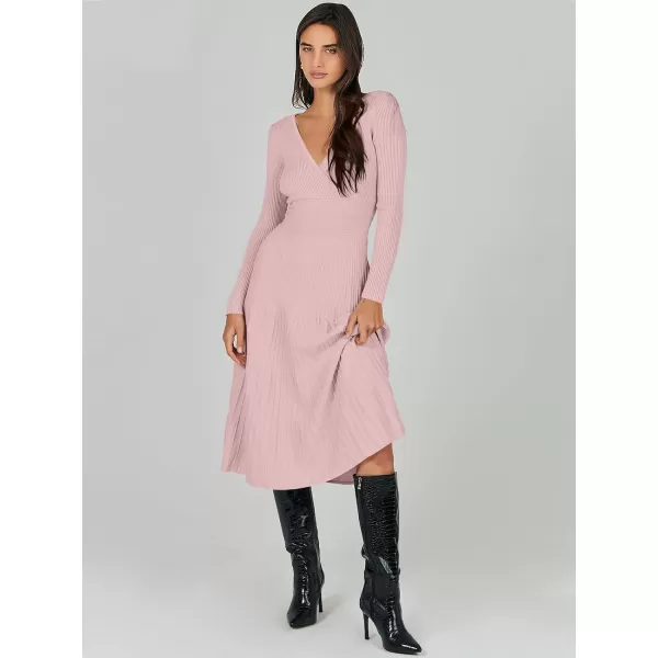 imageANRABESS Womens Wrap Midi Sweater Dresses Long Sleeve V Neck High Waist Ribbed Knit Pleated ALine DressLight Pink