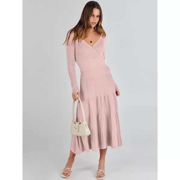 imageANRABESS Womens Wrap Midi Sweater Dresses Long Sleeve V Neck High Waist Ribbed Knit Pleated ALine DressLight Pink