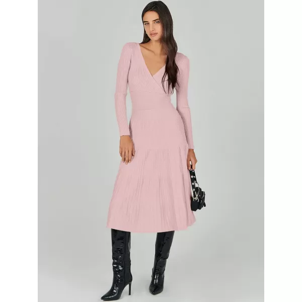 imageANRABESS Womens Wrap Midi Sweater Dresses Long Sleeve V Neck High Waist Ribbed Knit Pleated ALine DressLight Pink