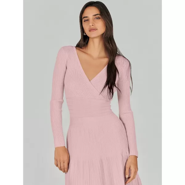 imageANRABESS Womens Wrap Midi Sweater Dresses Long Sleeve V Neck High Waist Ribbed Knit Pleated ALine DressLight Pink
