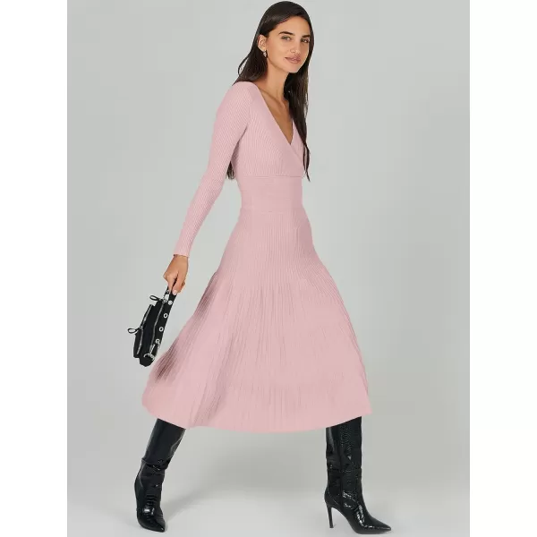 imageANRABESS Womens Wrap Midi Sweater Dresses Long Sleeve V Neck High Waist Ribbed Knit Pleated ALine DressLight Pink