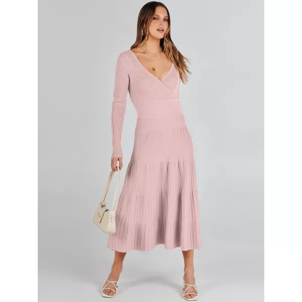 imageANRABESS Womens Wrap Midi Sweater Dresses Long Sleeve V Neck High Waist Ribbed Knit Pleated ALine DressLight Pink