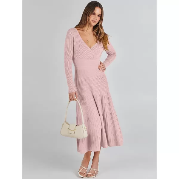 imageANRABESS Womens Wrap Midi Sweater Dresses Long Sleeve V Neck High Waist Ribbed Knit Pleated ALine DressLight Pink