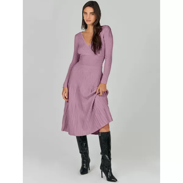 imageANRABESS Womens Wrap Midi Sweater Dresses Long Sleeve V Neck High Waist Ribbed Knit Pleated ALine DressPurple