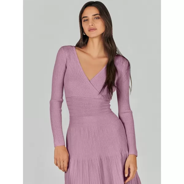 imageANRABESS Womens Wrap Midi Sweater Dresses Long Sleeve V Neck High Waist Ribbed Knit Pleated ALine DressPurple