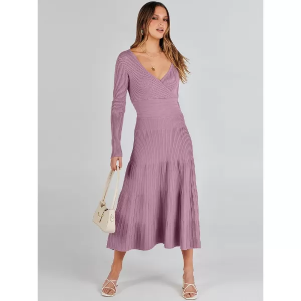 imageANRABESS Womens Wrap Midi Sweater Dresses Long Sleeve V Neck High Waist Ribbed Knit Pleated ALine DressPurple