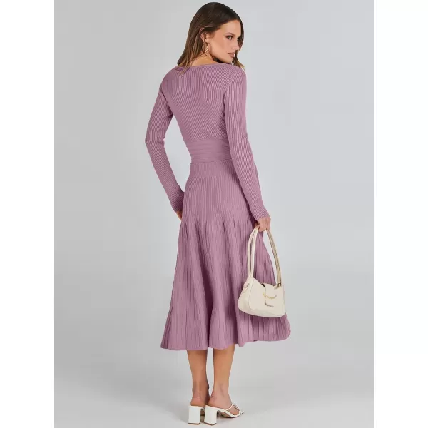 imageANRABESS Womens Wrap Midi Sweater Dresses Long Sleeve V Neck High Waist Ribbed Knit Pleated ALine DressPurple