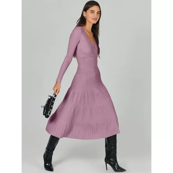 imageANRABESS Womens Wrap Midi Sweater Dresses Long Sleeve V Neck High Waist Ribbed Knit Pleated ALine DressPurple