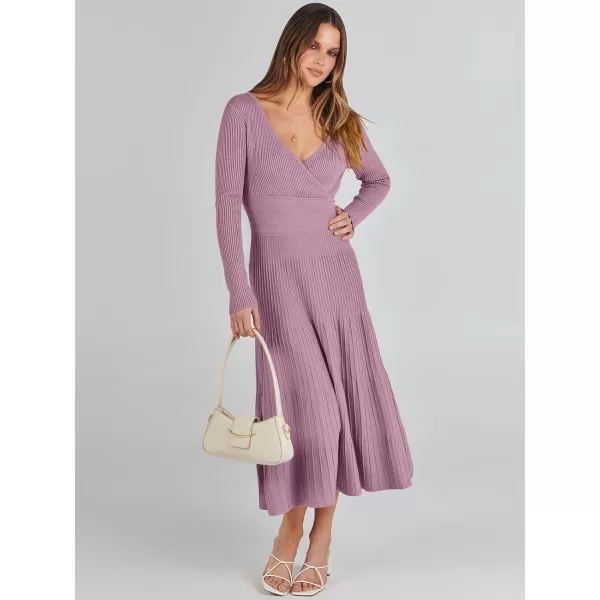 imageANRABESS Womens Wrap Midi Sweater Dresses Long Sleeve V Neck High Waist Ribbed Knit Pleated ALine DressPurple