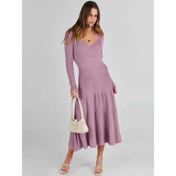 imageANRABESS Womens Wrap Midi Sweater Dresses Long Sleeve V Neck High Waist Ribbed Knit Pleated ALine DressPurple