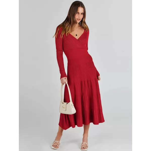 imageANRABESS Womens Wrap Midi Sweater Dresses Long Sleeve V Neck High Waist Ribbed Knit Pleated ALine DressRed