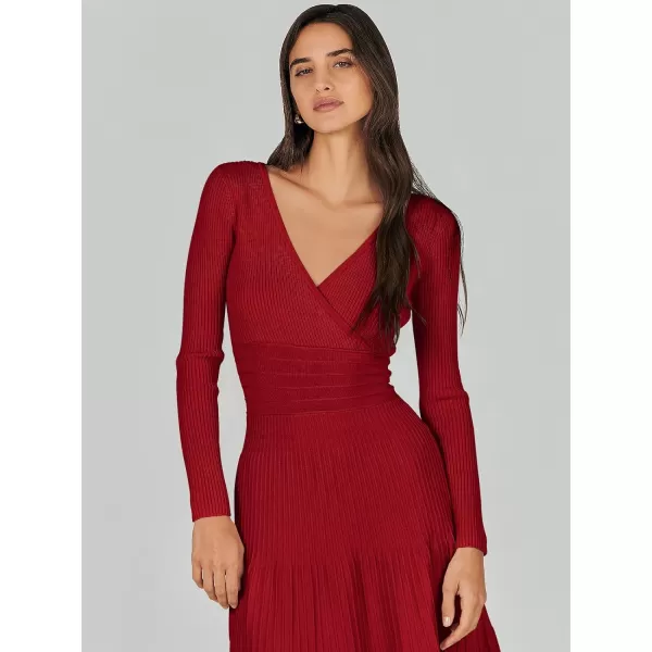 imageANRABESS Womens Wrap Midi Sweater Dresses Long Sleeve V Neck High Waist Ribbed Knit Pleated ALine DressRed