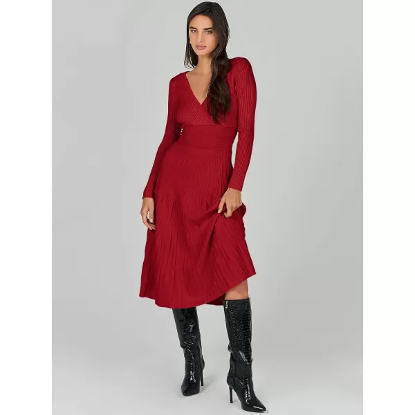 imageANRABESS Womens Wrap Midi Sweater Dresses Long Sleeve V Neck High Waist Ribbed Knit Pleated ALine DressRed