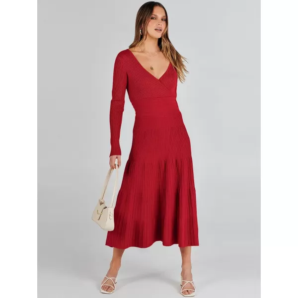 imageANRABESS Womens Wrap Midi Sweater Dresses Long Sleeve V Neck High Waist Ribbed Knit Pleated ALine DressRed