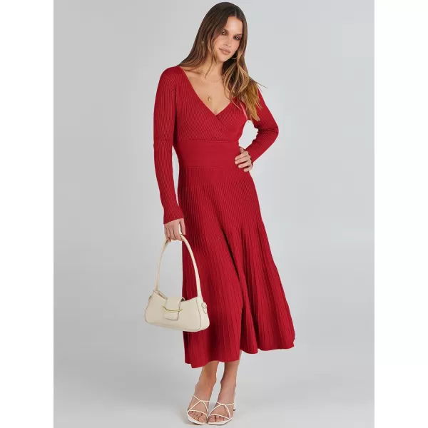 imageANRABESS Womens Wrap Midi Sweater Dresses Long Sleeve V Neck High Waist Ribbed Knit Pleated ALine DressRed