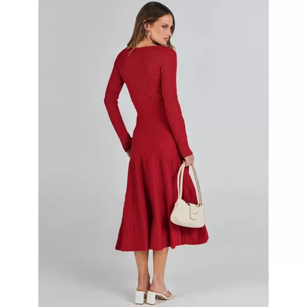 imageANRABESS Womens Wrap Midi Sweater Dresses Long Sleeve V Neck High Waist Ribbed Knit Pleated ALine DressRed