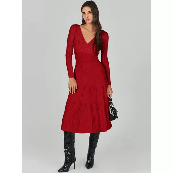 imageANRABESS Womens Wrap Midi Sweater Dresses Long Sleeve V Neck High Waist Ribbed Knit Pleated ALine DressRed