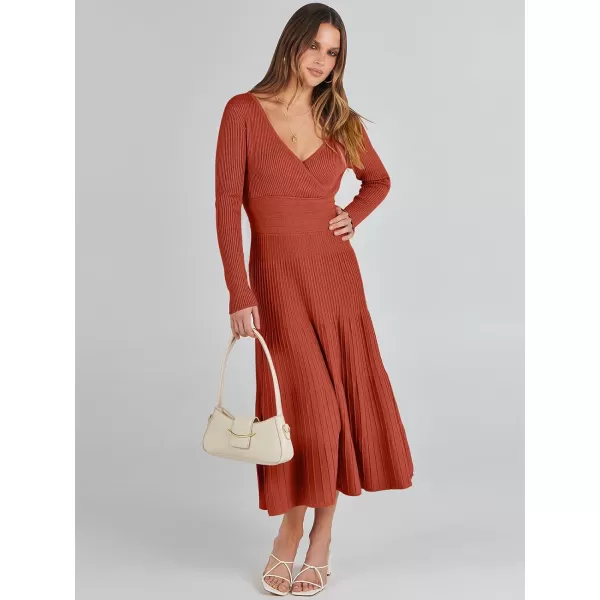 imageANRABESS Womens Wrap Midi Sweater Dresses Long Sleeve V Neck High Waist Ribbed Knit Pleated ALine DressRust Red