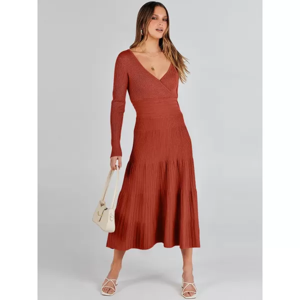 imageANRABESS Womens Wrap Midi Sweater Dresses Long Sleeve V Neck High Waist Ribbed Knit Pleated ALine DressRust Red