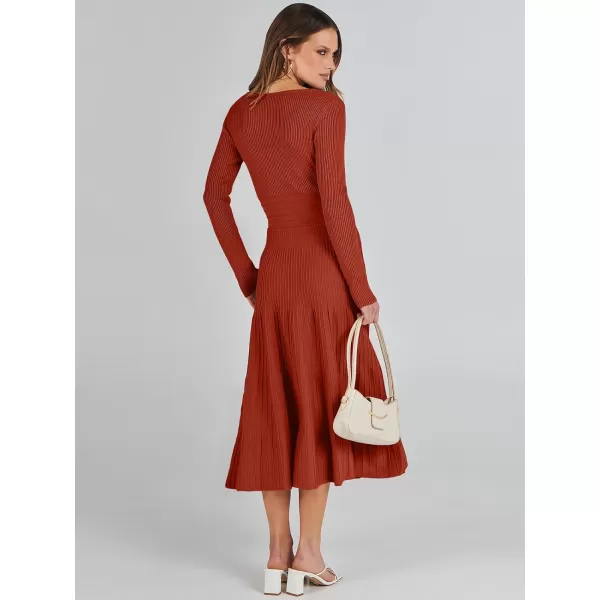 imageANRABESS Womens Wrap Midi Sweater Dresses Long Sleeve V Neck High Waist Ribbed Knit Pleated ALine DressRust Red