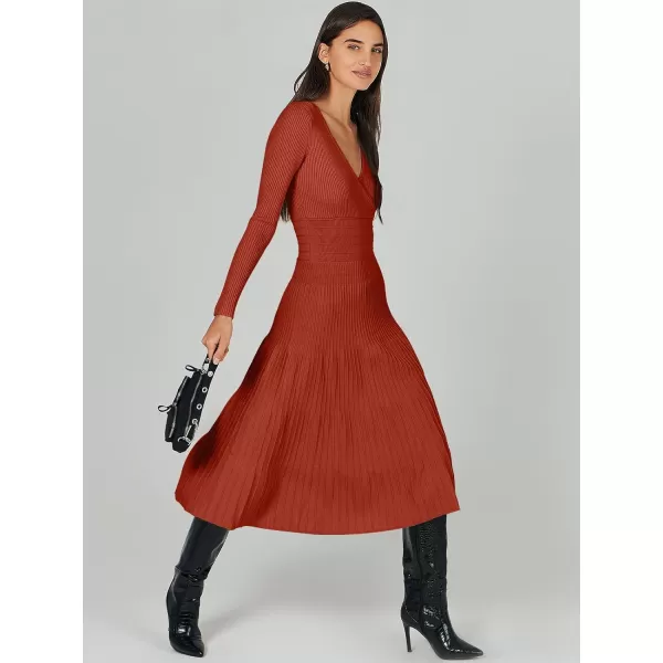 imageANRABESS Womens Wrap Midi Sweater Dresses Long Sleeve V Neck High Waist Ribbed Knit Pleated ALine DressRust Red
