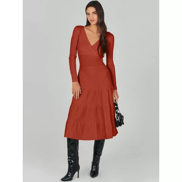 imageANRABESS Womens Wrap Midi Sweater Dresses Long Sleeve V Neck High Waist Ribbed Knit Pleated ALine DressRust Red