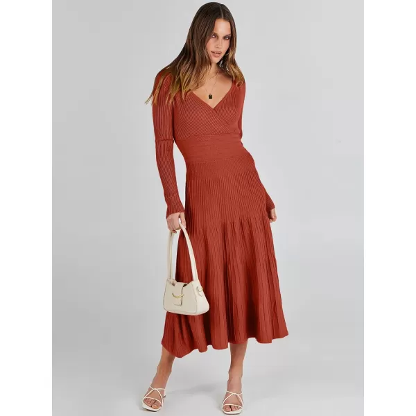 imageANRABESS Womens Wrap Midi Sweater Dresses Long Sleeve V Neck High Waist Ribbed Knit Pleated ALine DressRust Red