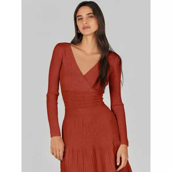 imageANRABESS Womens Wrap Midi Sweater Dresses Long Sleeve V Neck High Waist Ribbed Knit Pleated ALine DressRust Red