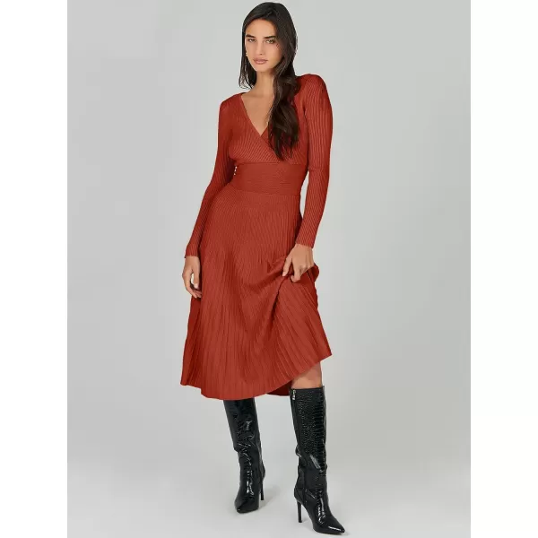 imageANRABESS Womens Wrap Midi Sweater Dresses Long Sleeve V Neck High Waist Ribbed Knit Pleated ALine DressRust Red