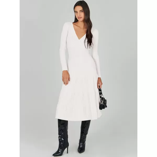 imageANRABESS Womens Wrap Midi Sweater Dresses Long Sleeve V Neck High Waist Ribbed Knit Pleated ALine DressWhite