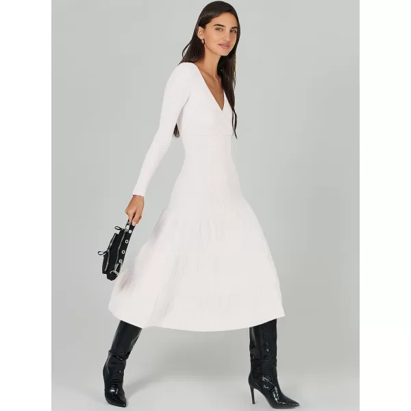 imageANRABESS Womens Wrap Midi Sweater Dresses Long Sleeve V Neck High Waist Ribbed Knit Pleated ALine DressWhite