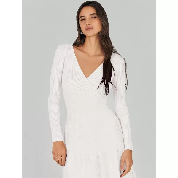 imageANRABESS Womens Wrap Midi Sweater Dresses Long Sleeve V Neck High Waist Ribbed Knit Pleated ALine DressWhite