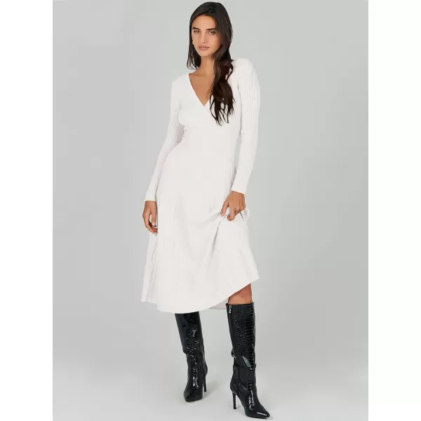imageANRABESS Womens Wrap Midi Sweater Dresses Long Sleeve V Neck High Waist Ribbed Knit Pleated ALine DressWhite