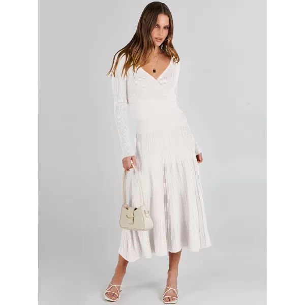 imageANRABESS Womens Wrap Midi Sweater Dresses Long Sleeve V Neck High Waist Ribbed Knit Pleated ALine DressWhite