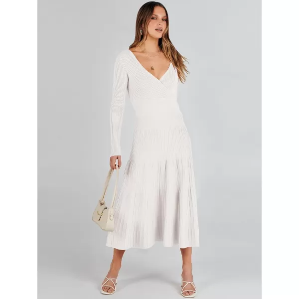 imageANRABESS Womens Wrap Midi Sweater Dresses Long Sleeve V Neck High Waist Ribbed Knit Pleated ALine DressWhite