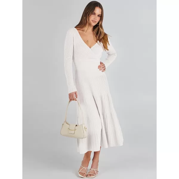 imageANRABESS Womens Wrap Midi Sweater Dresses Long Sleeve V Neck High Waist Ribbed Knit Pleated ALine DressWhite