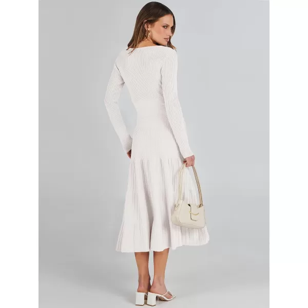 imageANRABESS Womens Wrap Midi Sweater Dresses Long Sleeve V Neck High Waist Ribbed Knit Pleated ALine DressWhite