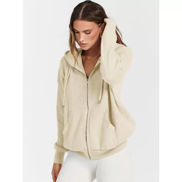 imageANRABESS Womens Zip Up Hoodies Sweater 2023 Fall Oversized Casual hooded Jacket Long Sleeve Ribbed Knit SweatshirtsApricot
