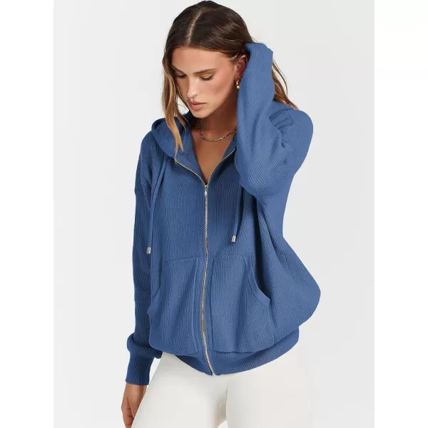 imageANRABESS Womens Zip Up Hoodies Sweater 2023 Fall Oversized Casual hooded Jacket Long Sleeve Ribbed Knit SweatshirtsBlue