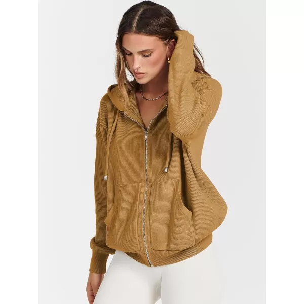 imageANRABESS Womens Zip Up Hoodies Sweater 2023 Fall Oversized Casual hooded Jacket Long Sleeve Ribbed Knit SweatshirtsCamel