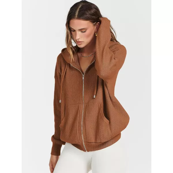 imageANRABESS Womens Zip Up Hoodies Sweater 2023 Fall Oversized Casual hooded Jacket Long Sleeve Ribbed Knit SweatshirtsCaramel