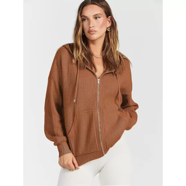 imageANRABESS Womens Zip Up Hoodies Sweater 2023 Fall Oversized Casual hooded Jacket Long Sleeve Ribbed Knit SweatshirtsCaramel