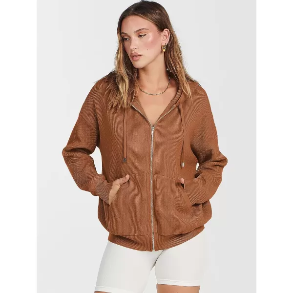 imageANRABESS Womens Zip Up Hoodies Sweater 2023 Fall Oversized Casual hooded Jacket Long Sleeve Ribbed Knit SweatshirtsCaramel