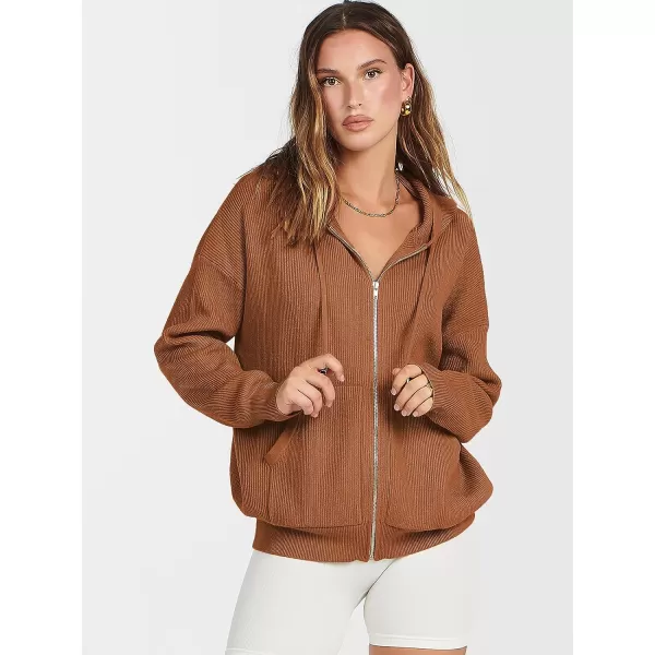 imageANRABESS Womens Zip Up Hoodies Sweater 2023 Fall Oversized Casual hooded Jacket Long Sleeve Ribbed Knit SweatshirtsCaramel