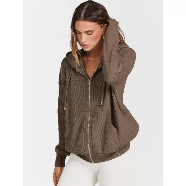 imageANRABESS Womens Zip Up Hoodies Sweater 2023 Fall Oversized Casual hooded Jacket Long Sleeve Ribbed Knit SweatshirtsCoffee
