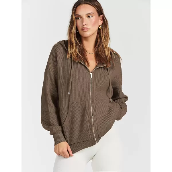 imageANRABESS Womens Zip Up Hoodies Sweater 2023 Fall Oversized Casual hooded Jacket Long Sleeve Ribbed Knit SweatshirtsCoffee