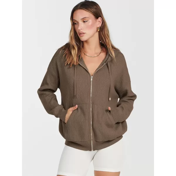 imageANRABESS Womens Zip Up Hoodies Sweater 2023 Fall Oversized Casual hooded Jacket Long Sleeve Ribbed Knit SweatshirtsCoffee